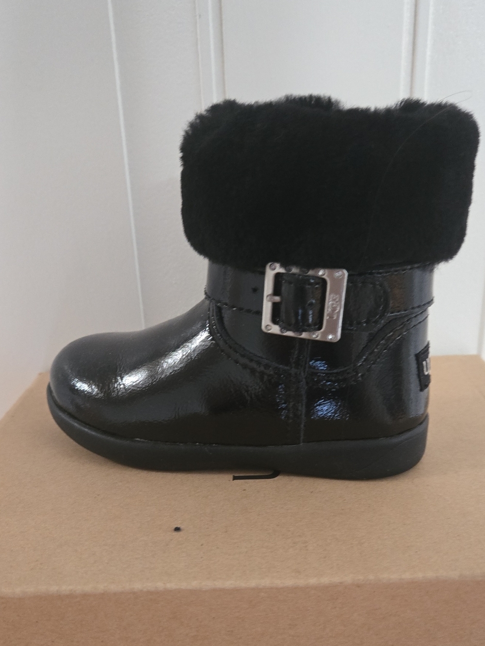 UGG Black Patent Fur Cuff Ankle Boot with Rhinstone Buckle
